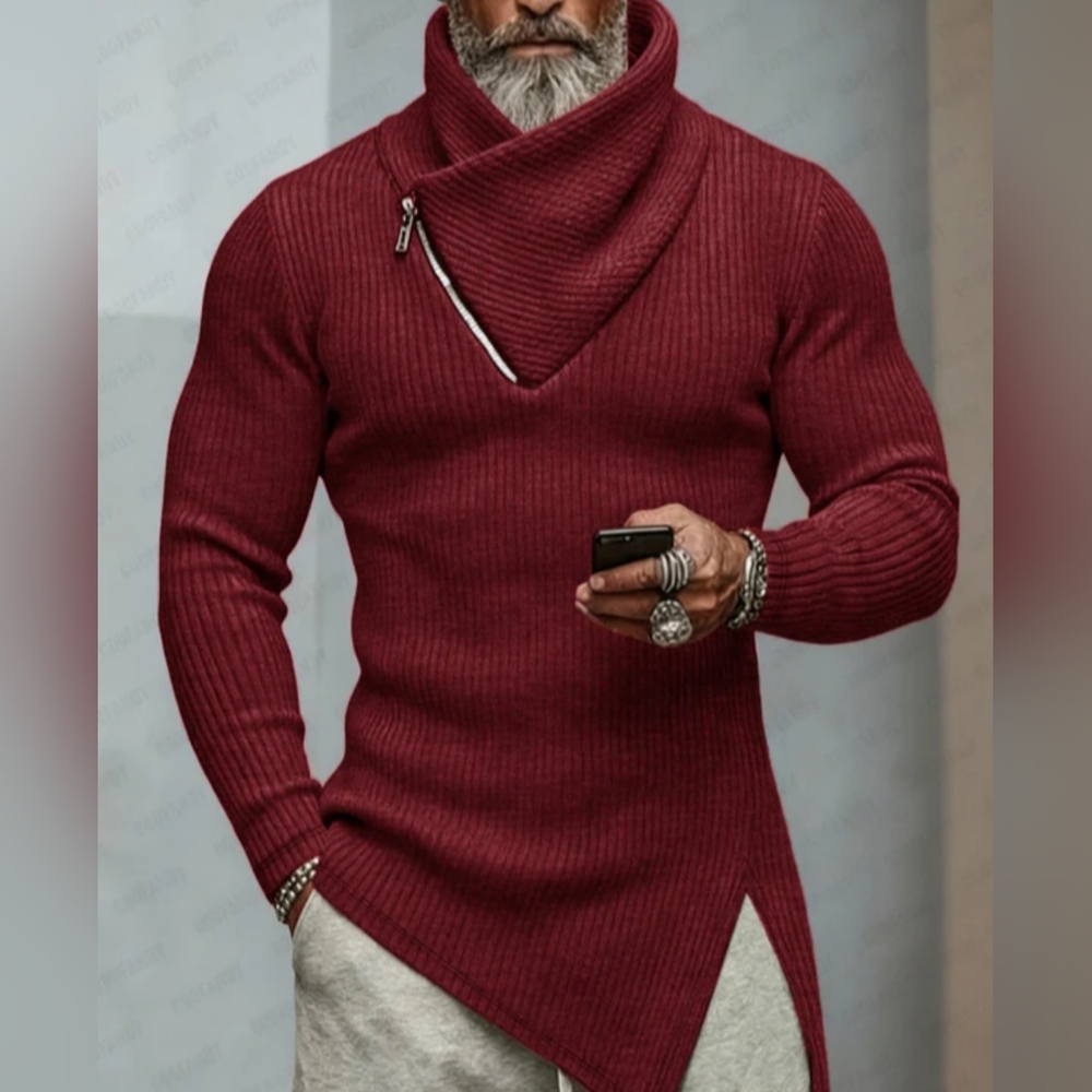 Coofandy Wine Red Asymmetrical Zip-Up Sweater - Picture 2 of 9